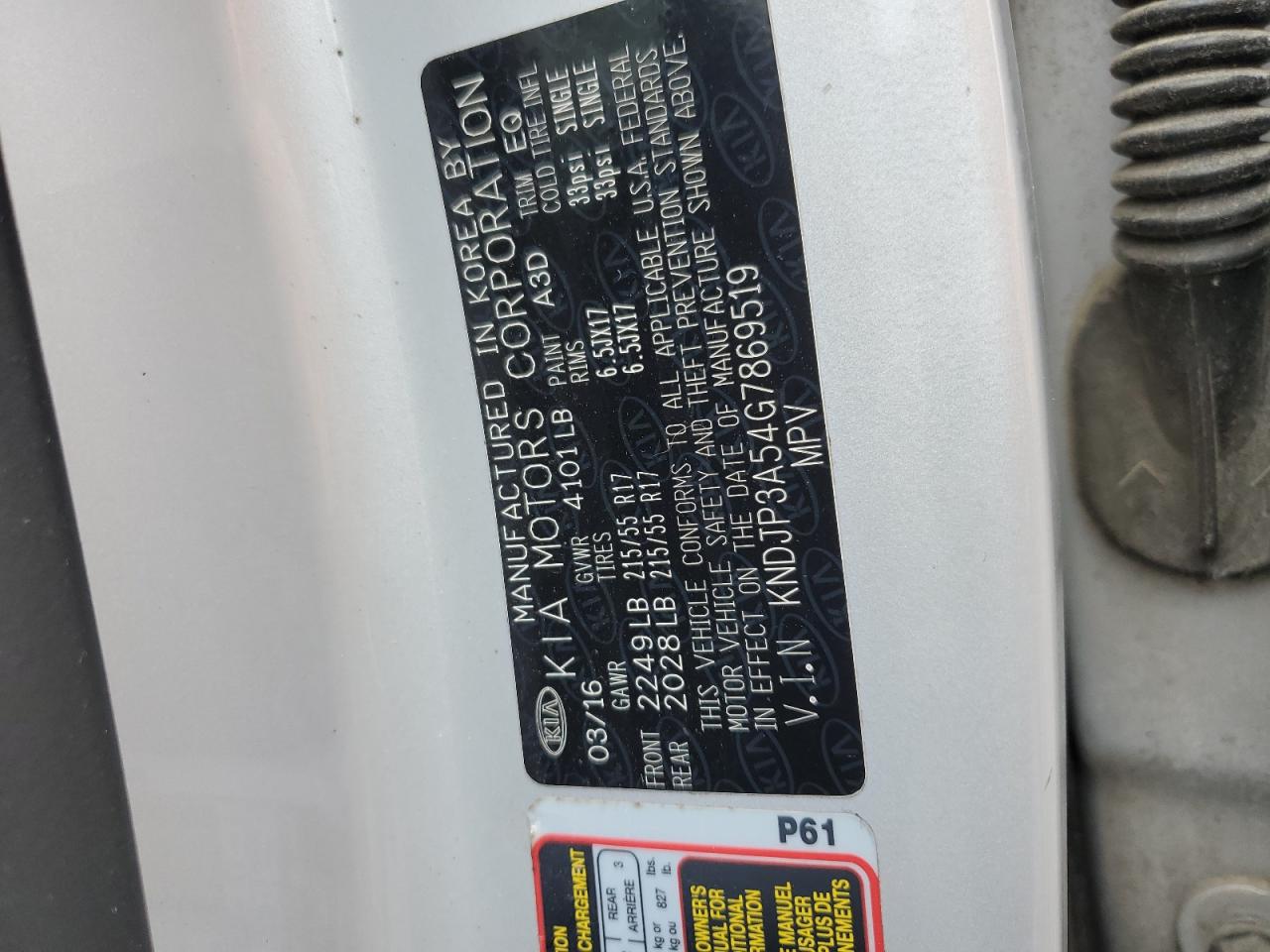 2016 Kia Soul + VIN: KNDJP3A54G7869519 Lot: 63459204