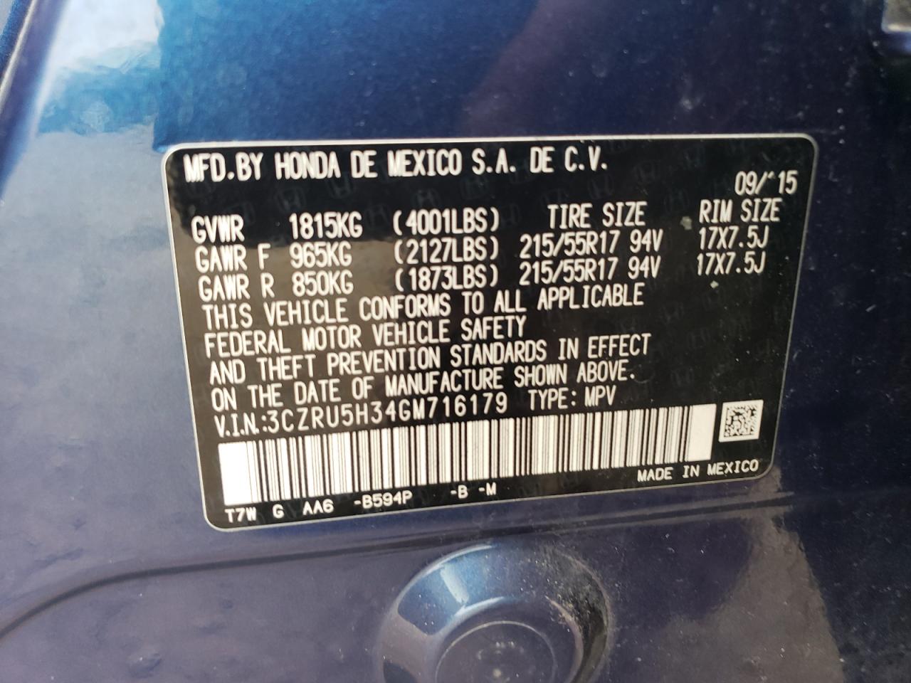 2016 Honda Hr-V Lx VIN: 3CZRU5H34GM716179 Lot: 65081374