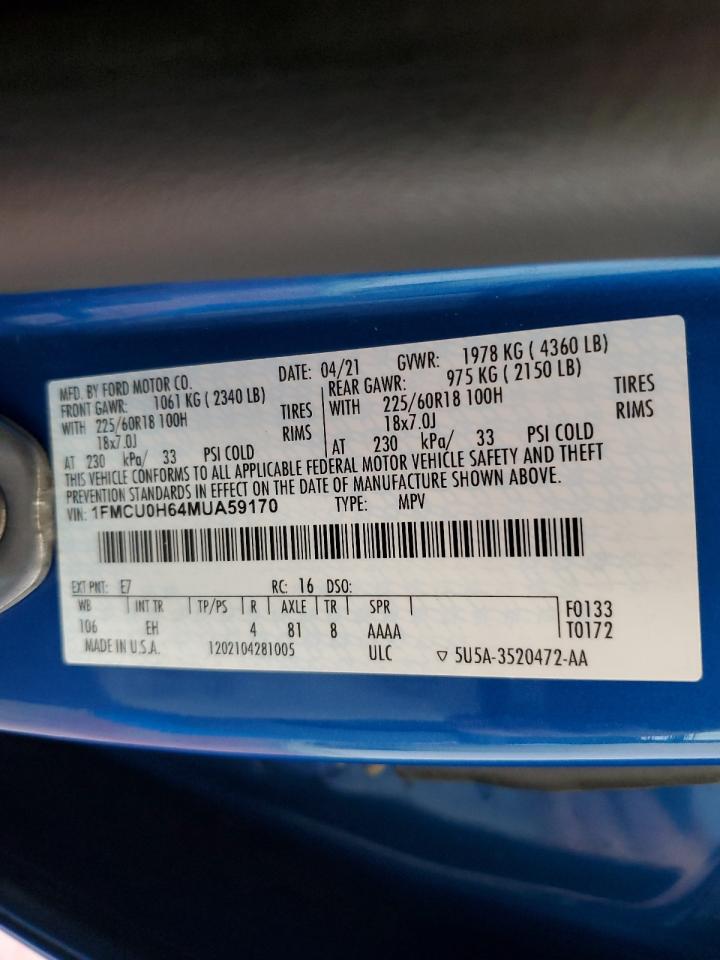 2021 Ford Escape Sel VIN: 1FMCU0H64MUA59170 Lot: 64599474