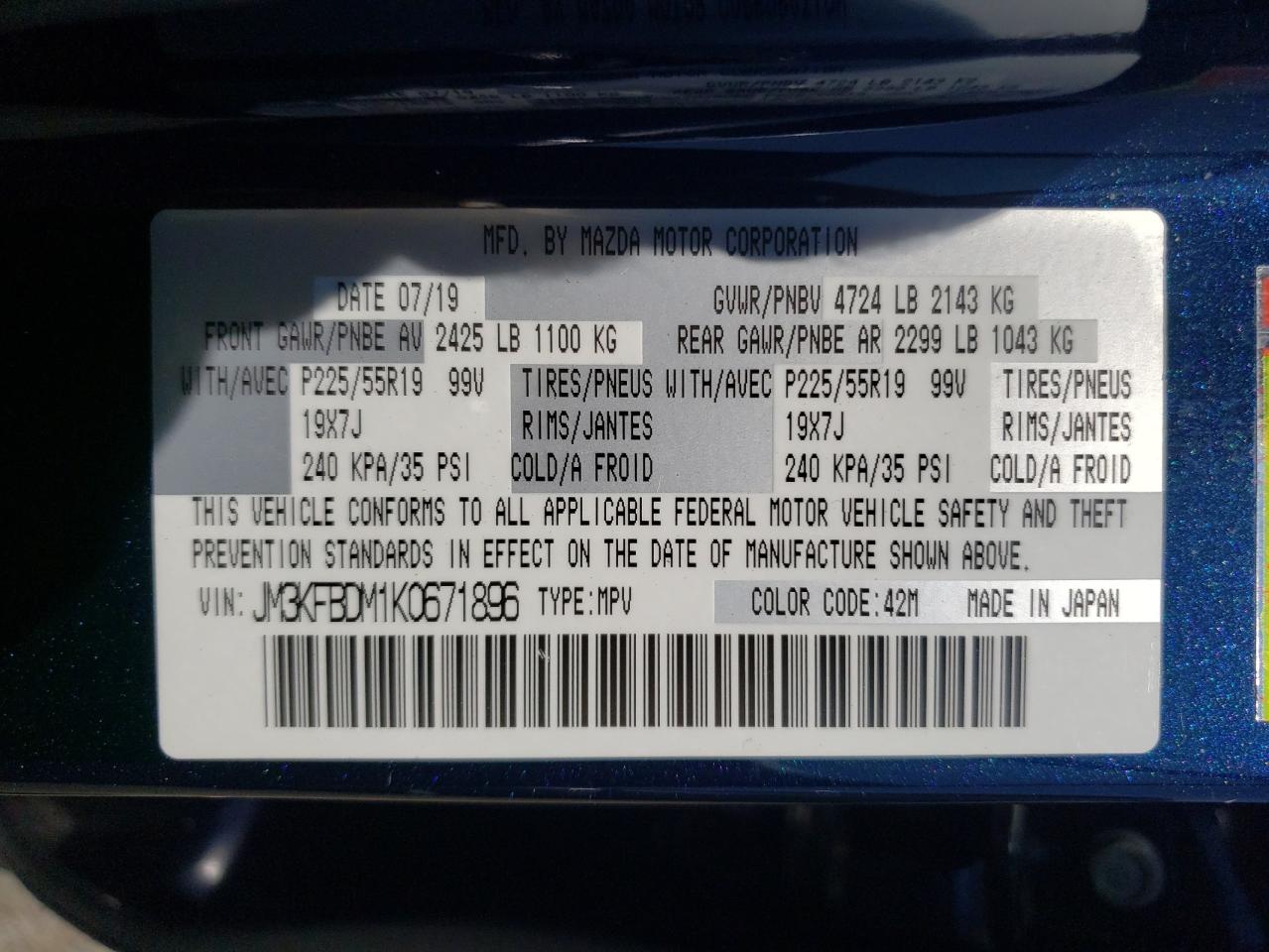 2019 Mazda Cx-5 Grand Touring VIN: JM3KFBDM1K0671896 Lot: 63295684