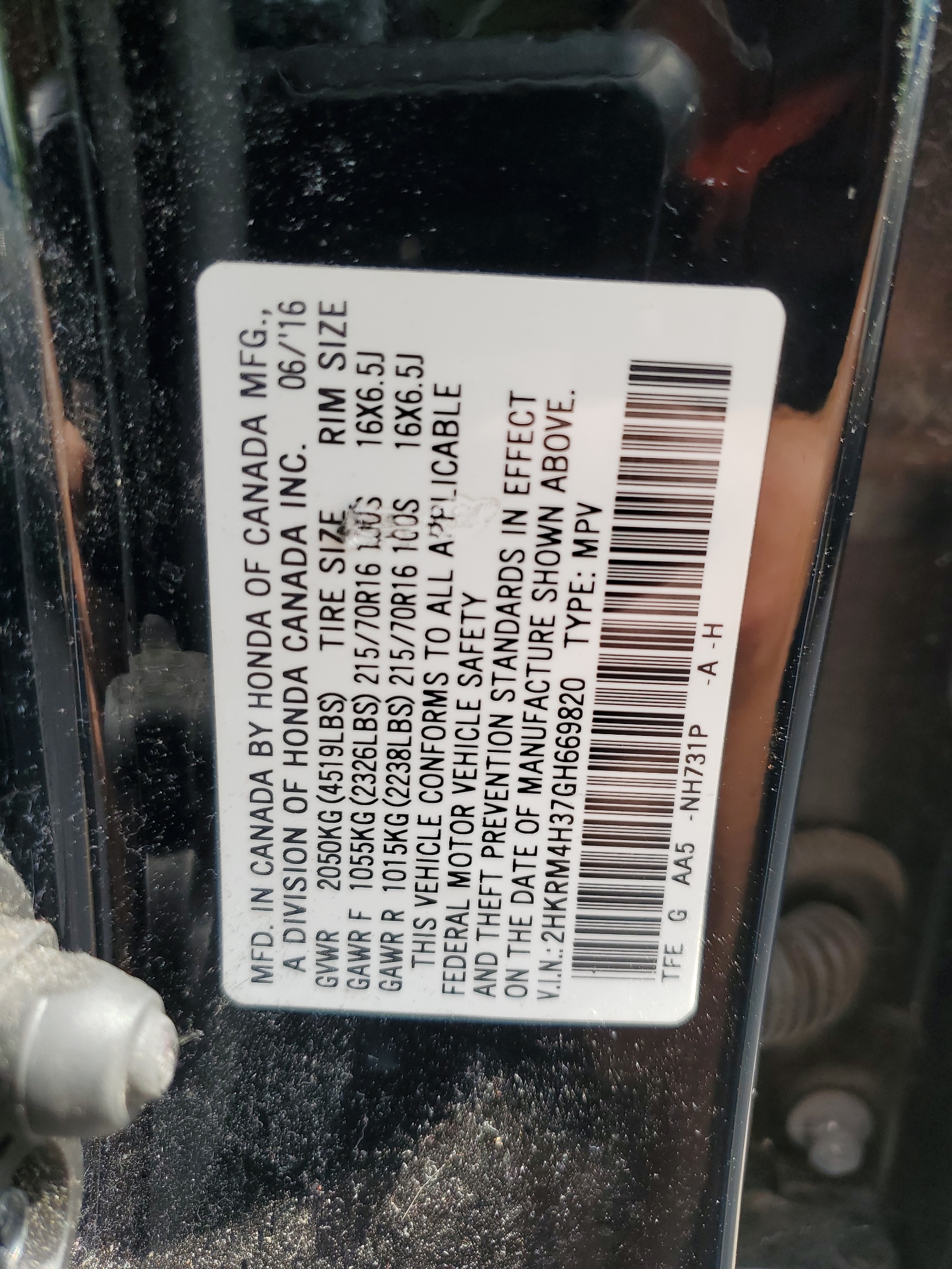 2HKRM4H37GH669820 2016 Honda Cr-V Lx