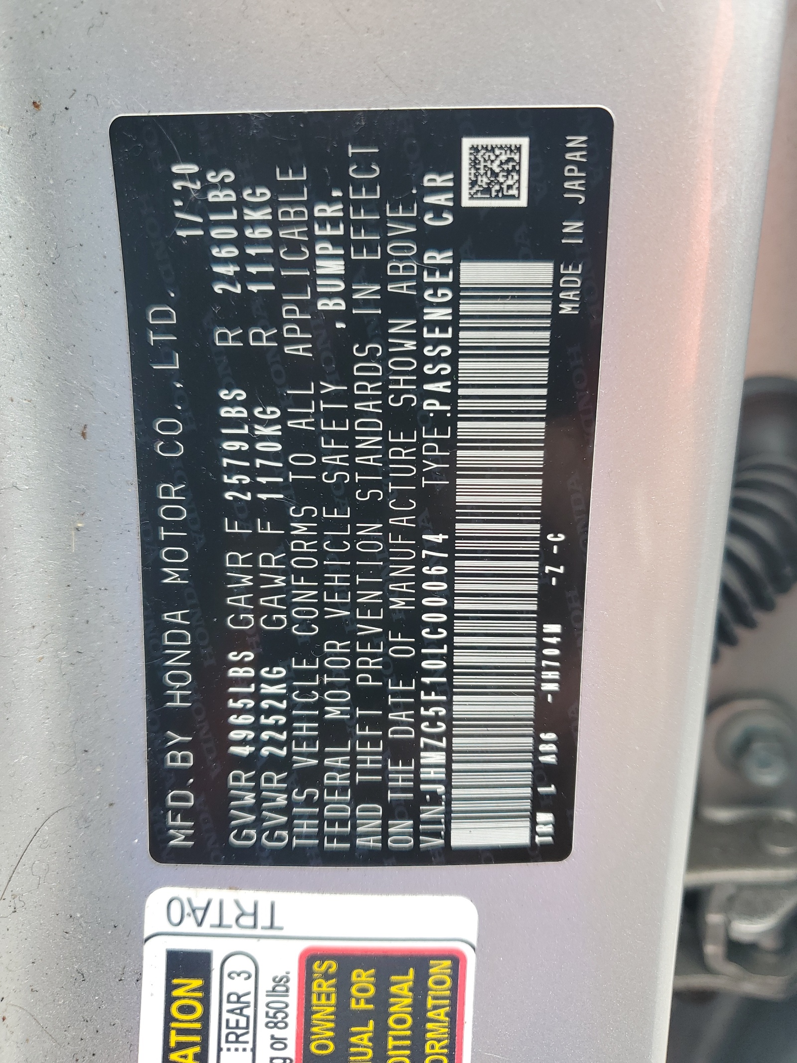 JHMZC5F10LC000674 2020 Honda Clarity