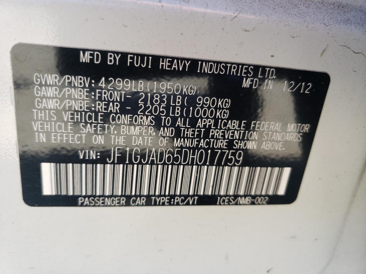 2013 Subaru Impreza Premium VIN: JF1GJAD65DH017759 Lot: 61480514