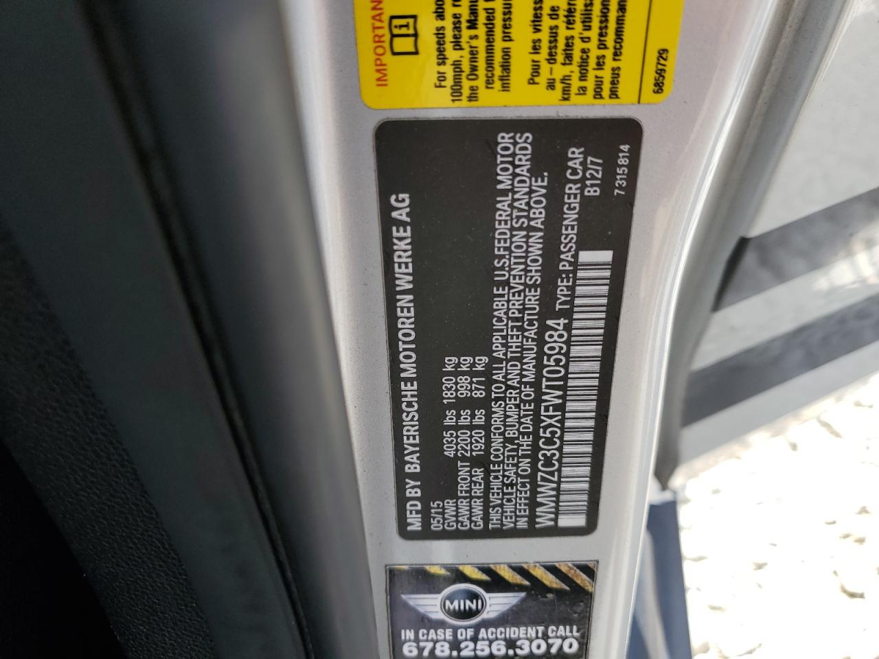 2015 Mini Cooper S Countryman VIN: WMWZC3C5XFWT05984 Lot: 63007504