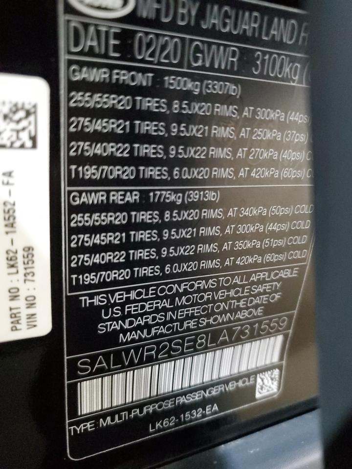 2020 Land Rover Range Rover Sport P525 Hse VIN: SALWR2SE8LA731559 Lot: 64482924