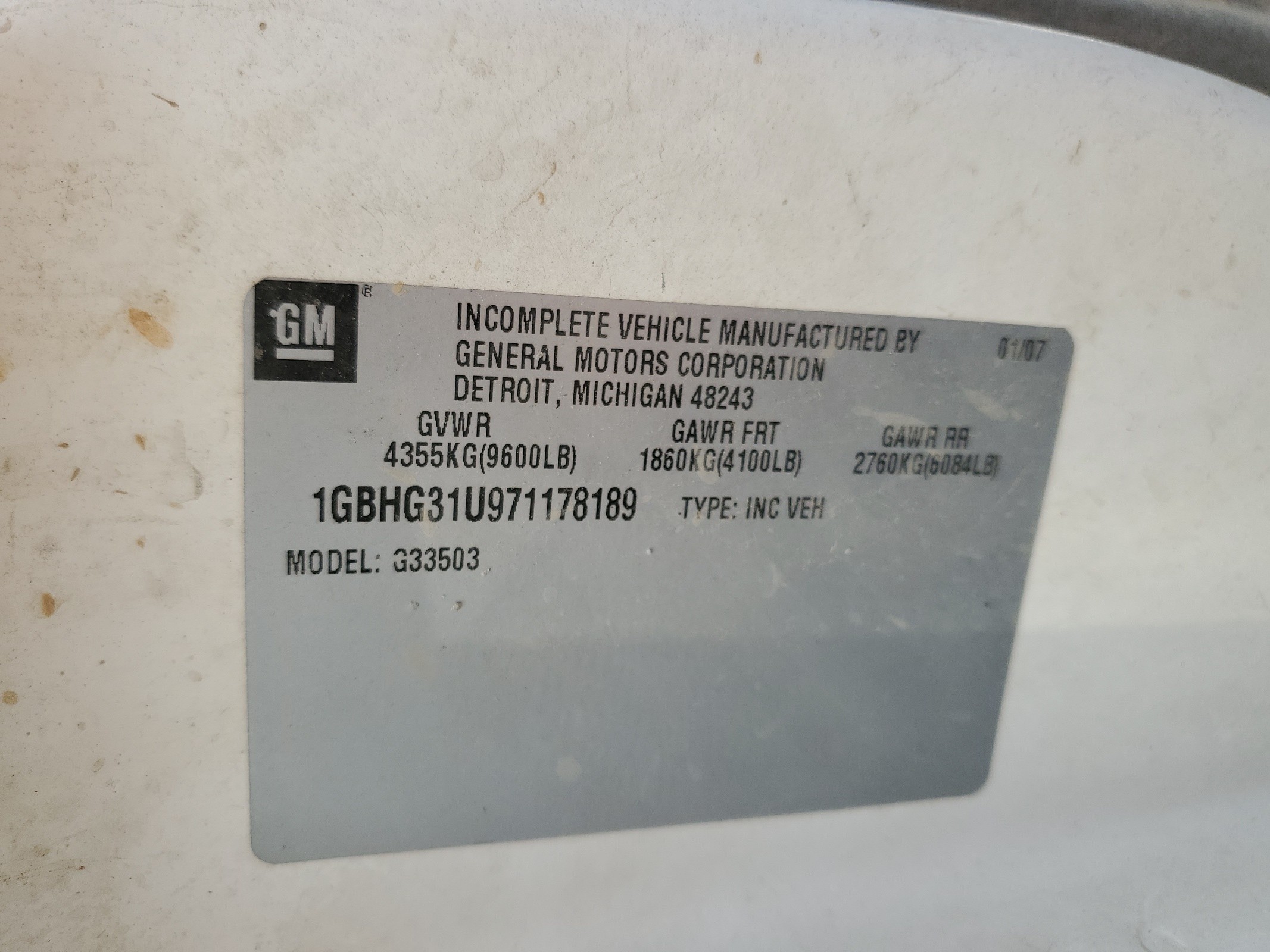 1GBHG31U971178189 2007 Chevrolet Express G3500