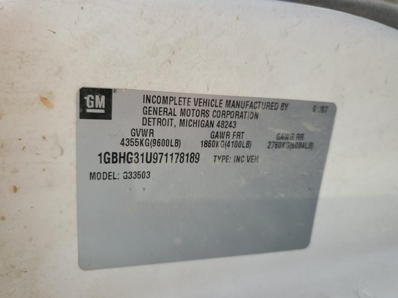 2007 Chevrolet Express G3500 VIN: 1GBHG31U971178189 Lot: 63104914