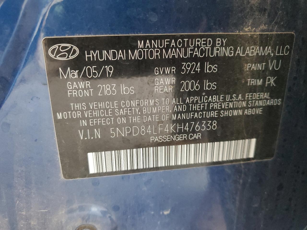 5NPD84LF4KH476338 2019 Hyundai Elantra Sel