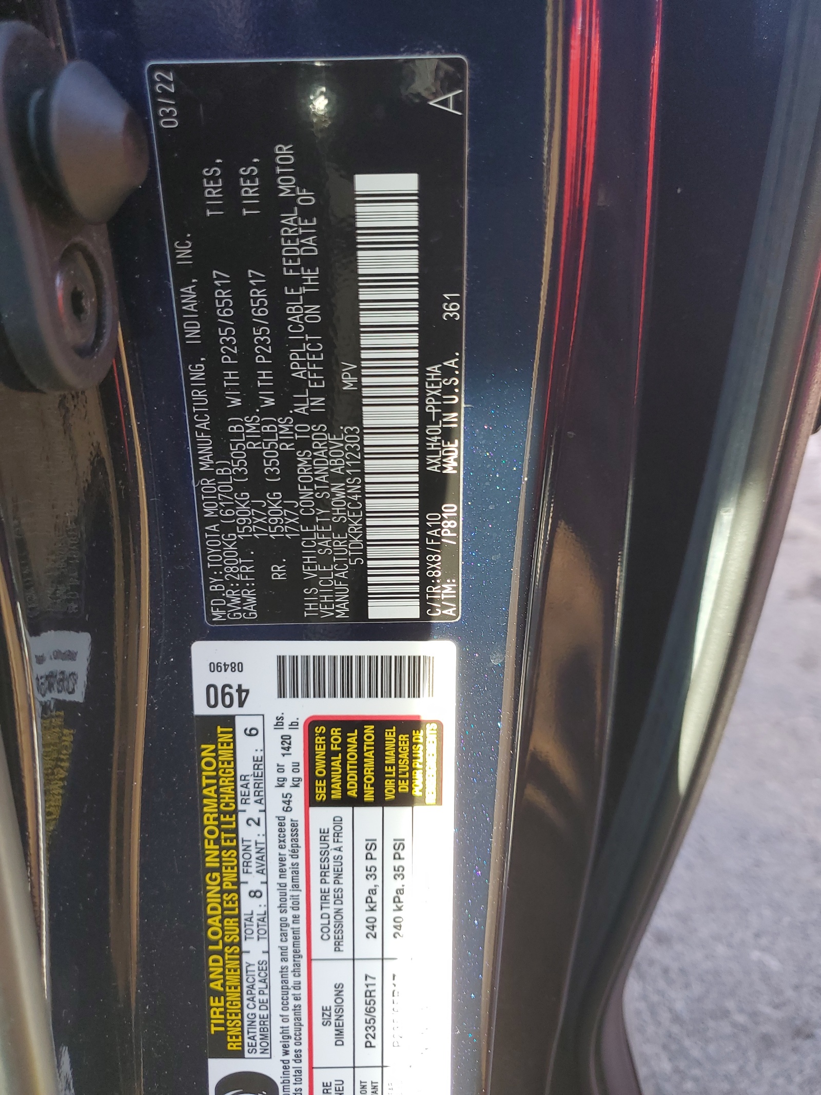 5TDKRKEC4NS112303 2022 Toyota Sienna Le