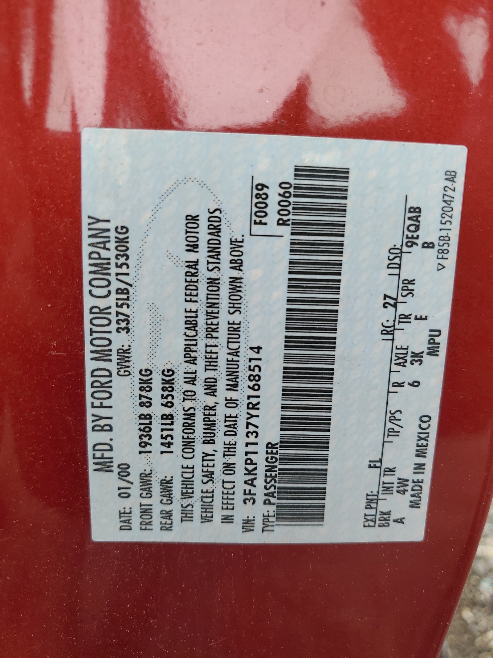 3FAKP1137YR168514 2000 Ford Escort Zx2