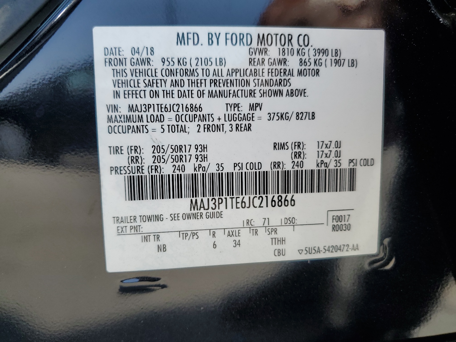 2018 Ford Ecosport Se vin: MAJ3P1TE6JC216866