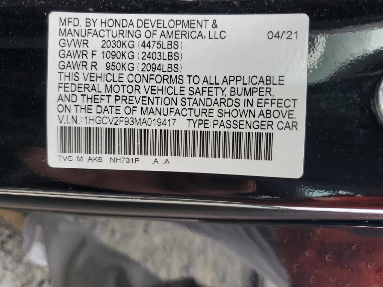 1HGCV2F93MA019417 2021 Honda Accord Touring