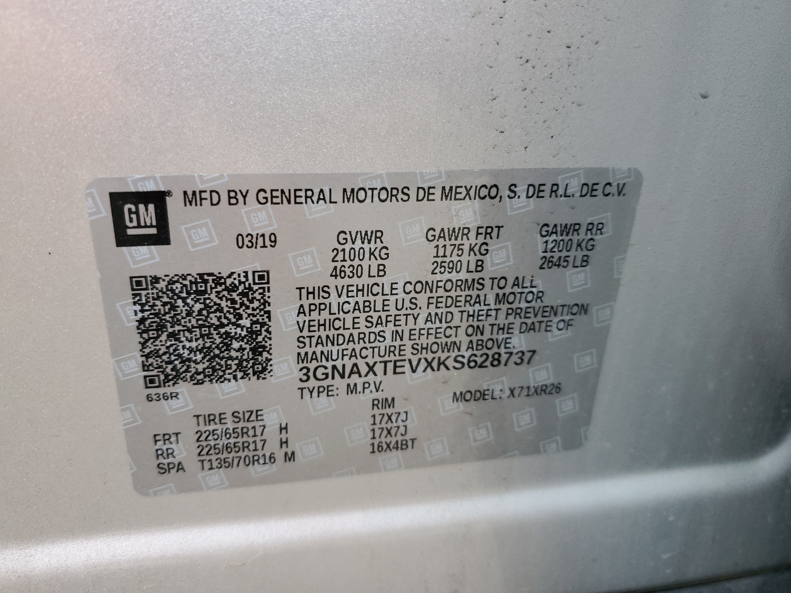 3GNAXTEVXKS628737 2019 Chevrolet Equinox Lt