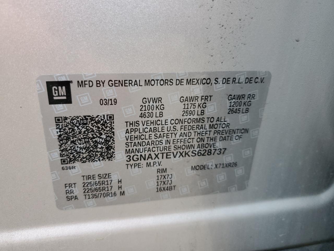 2019 Chevrolet Equinox Lt VIN: 3GNAXTEVXKS628737 Lot: 62689714