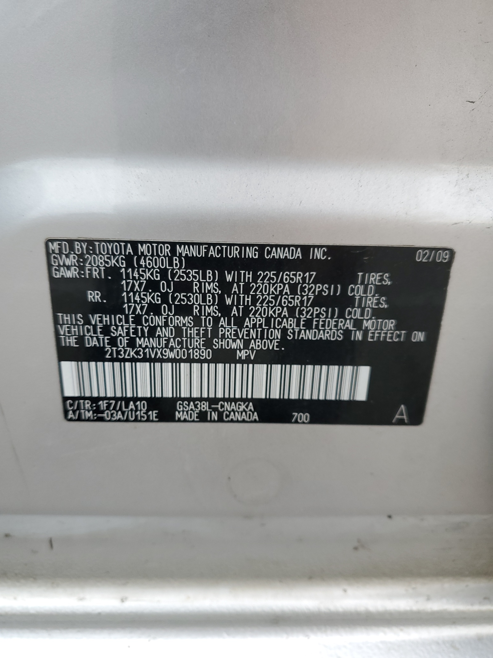 2T3ZK31VX9W001890 2009 Toyota Rav4 Limited