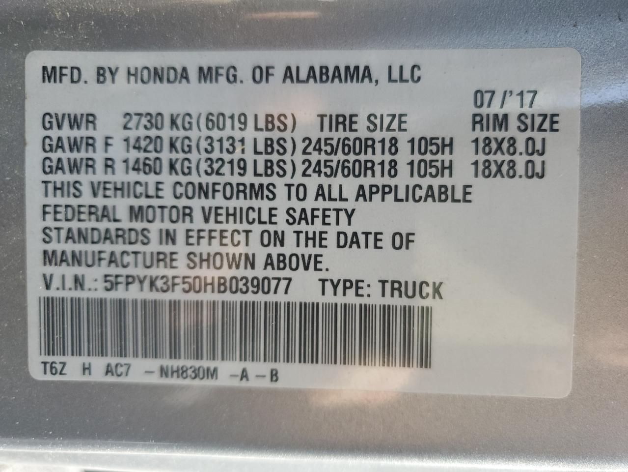 5FPYK3F50HB039077 2017 HONDA RIDGELINE - Image 12