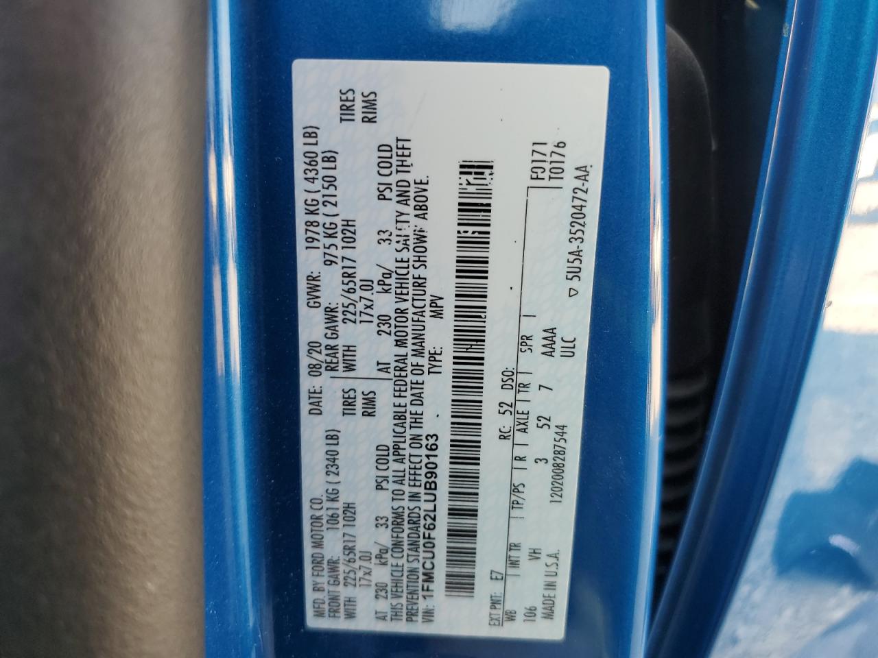 2020 Ford Escape S VIN: 1FMCU0F62LUB90163 Lot: 63031714