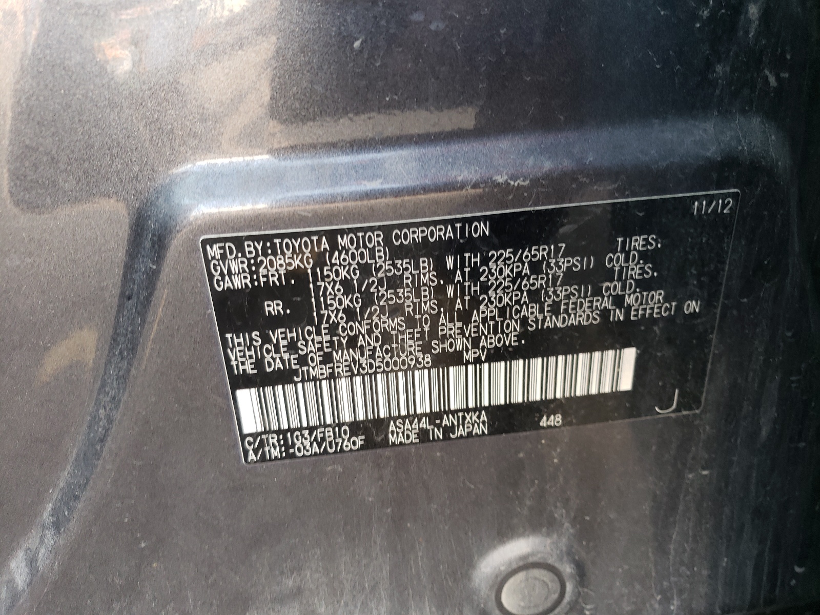 JTMBFREV3D5000938 2013 Toyota Rav4 Le