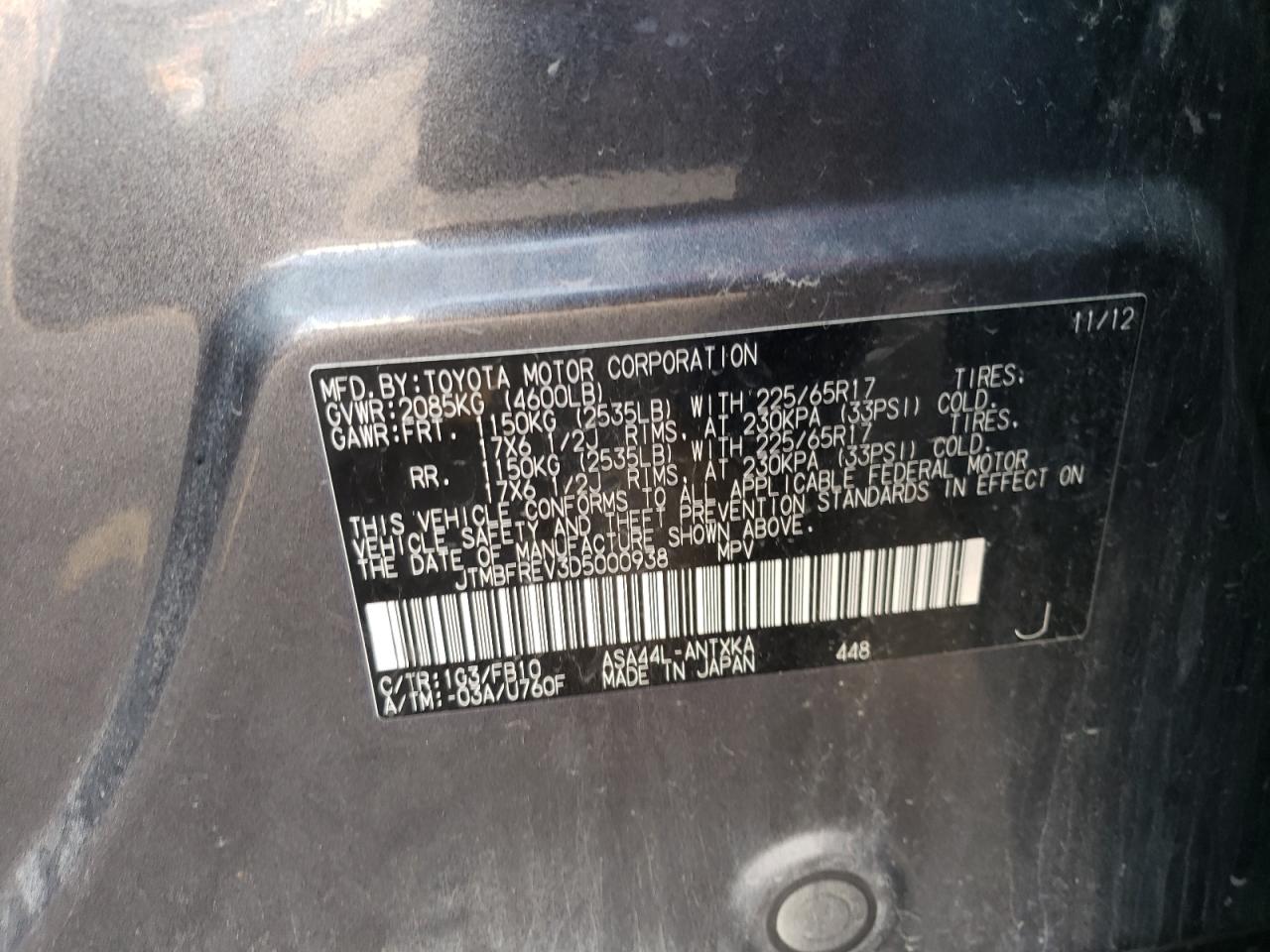 2013 Toyota Rav4 Le VIN: JTMBFREV3D5000938 Lot: 62545774