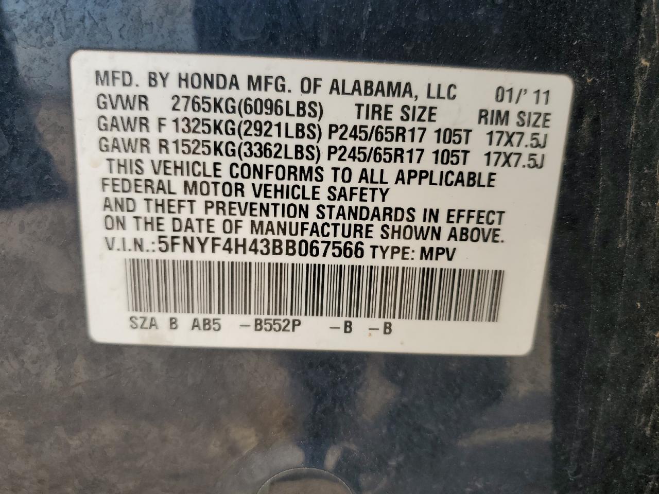 2011 Honda Pilot Ex VIN: 5FNYF4H43BB067566 Lot: 64853084