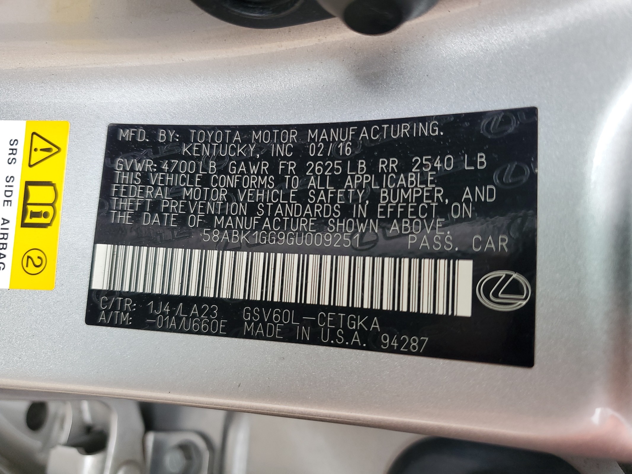 58ABK1GG9GU009251 2016 Lexus Es 350