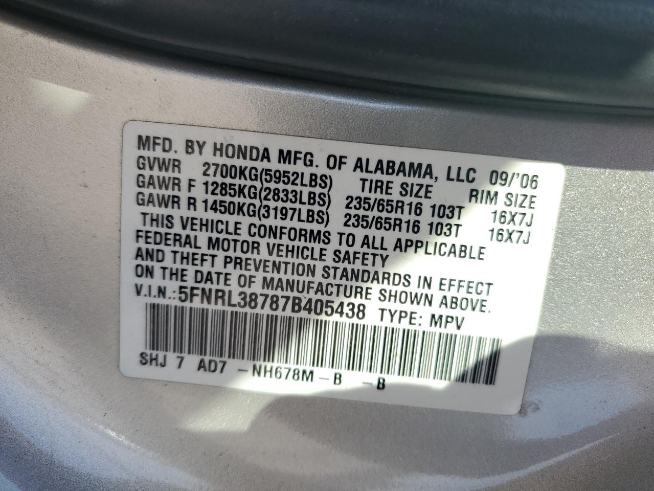 2007 Honda Odyssey Exl VIN: 5FNRL38787B405438 Lot: 65239734