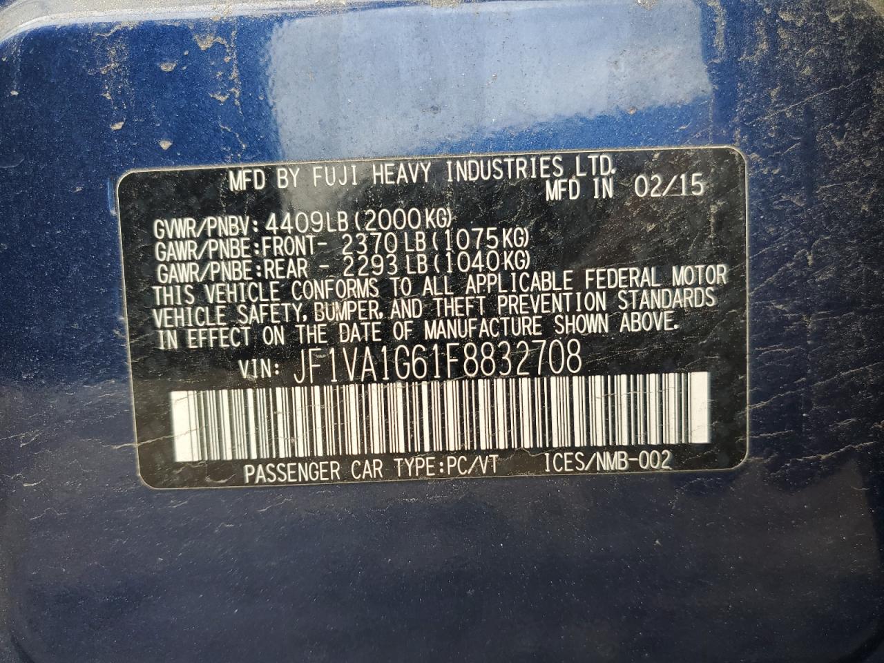 2015 Subaru Wrx Limited VIN: JF1VA1G61F8832708 Lot: 63922044