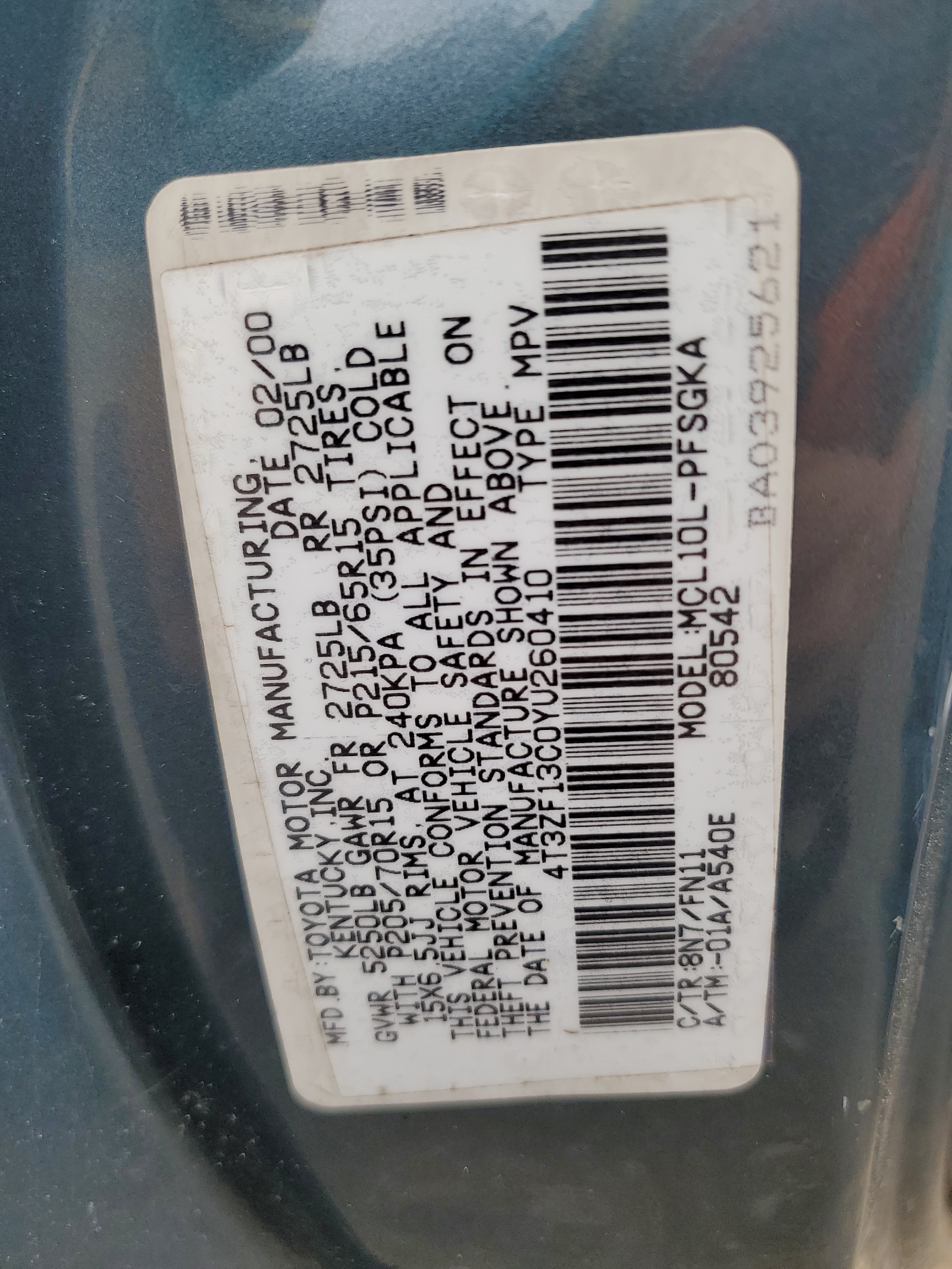 4T3ZF13C4YU308250 2000 Toyota Sienna Le