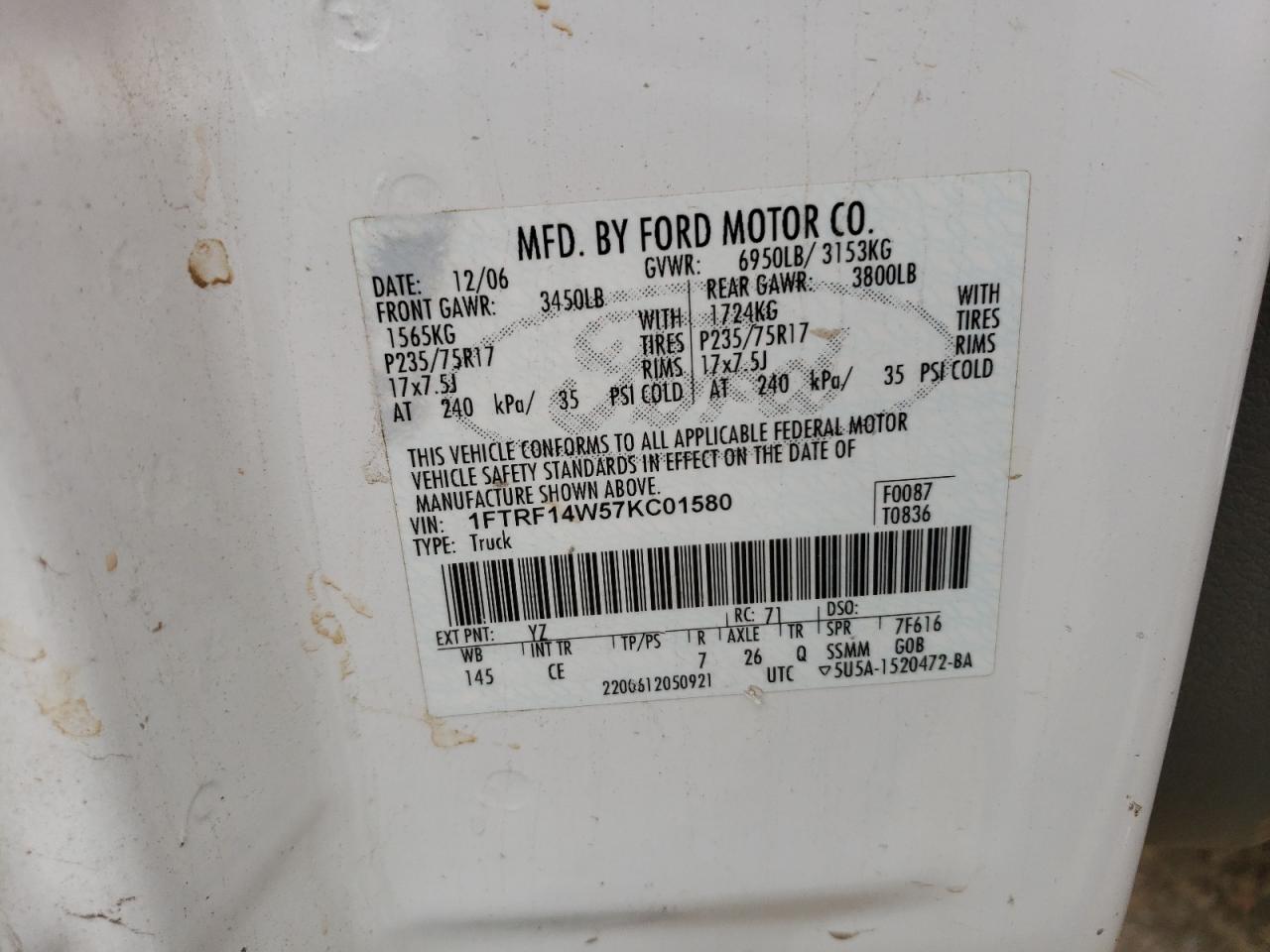 2007 Ford F150 VIN: 1FTRF14W57KC01580 Lot: 64373254