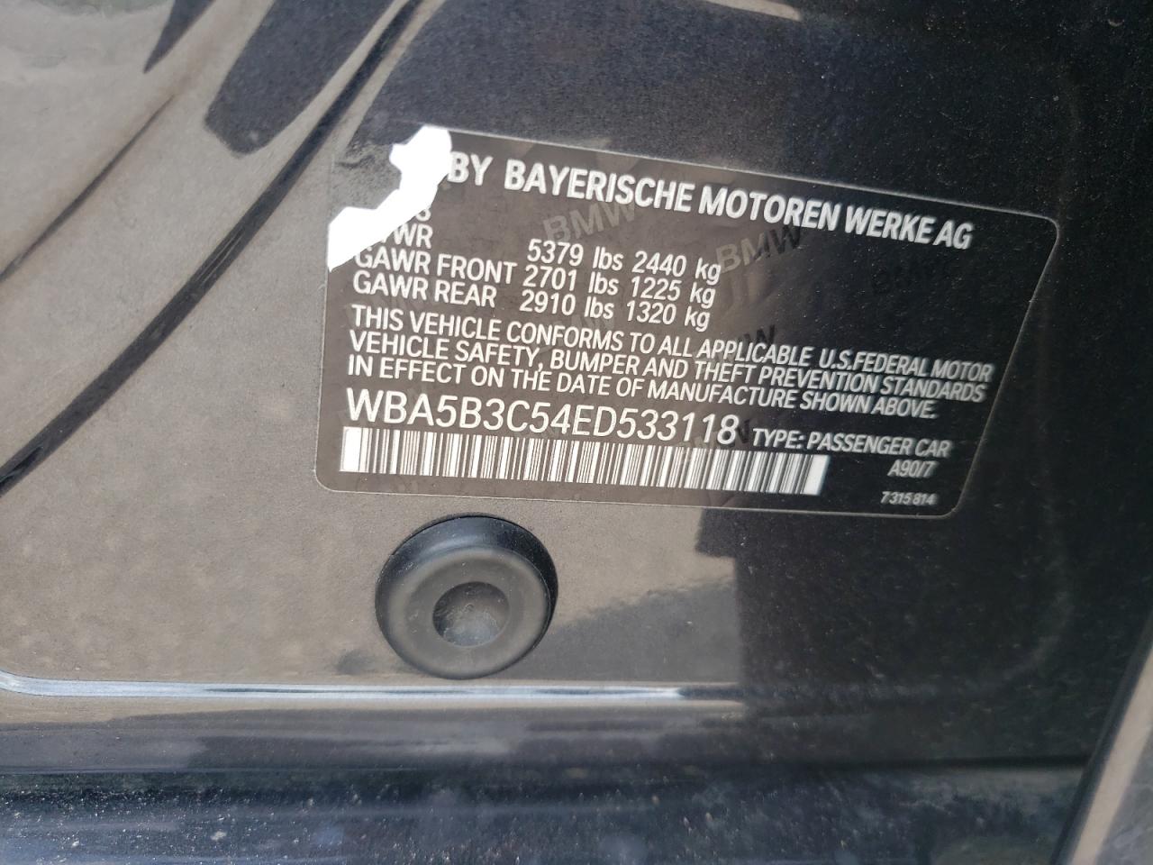 2014 BMW 535 Xi VIN: WBA5B3C54ED533118 Lot: 65181614