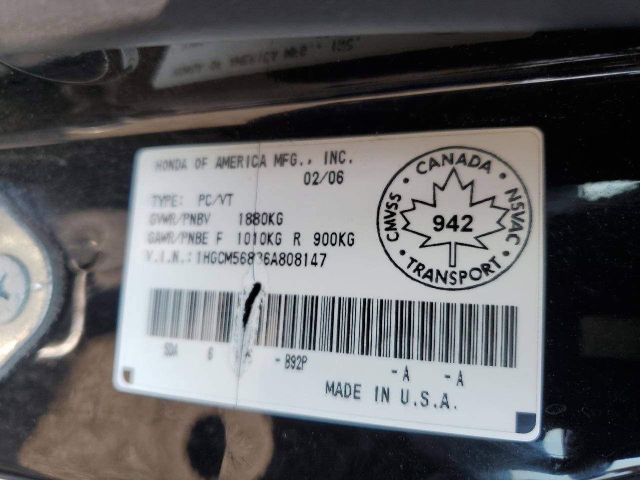 2006 Honda Accord Ex VIN: 1HGCM56836A808147 Lot: 88062715