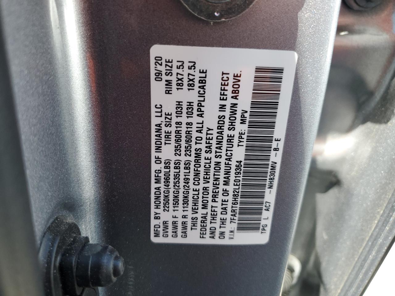 2020 Honda Cr-V Exl VIN: 7FART6H82LE019364 Lot: 61723714