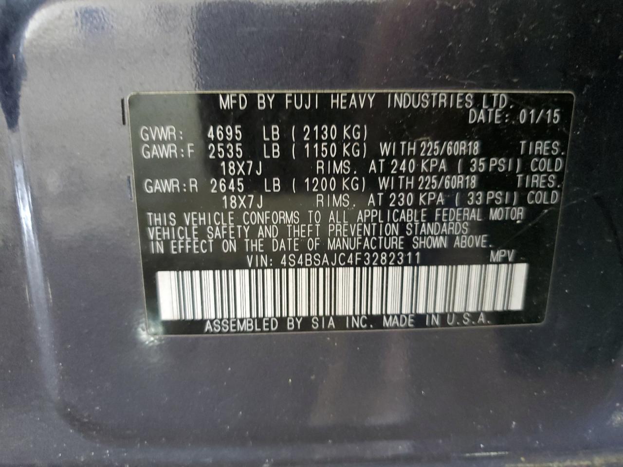 2015 Subaru Outback 2.5I Limited VIN: 4S4BSAJC4F3282311 Lot: 64599614