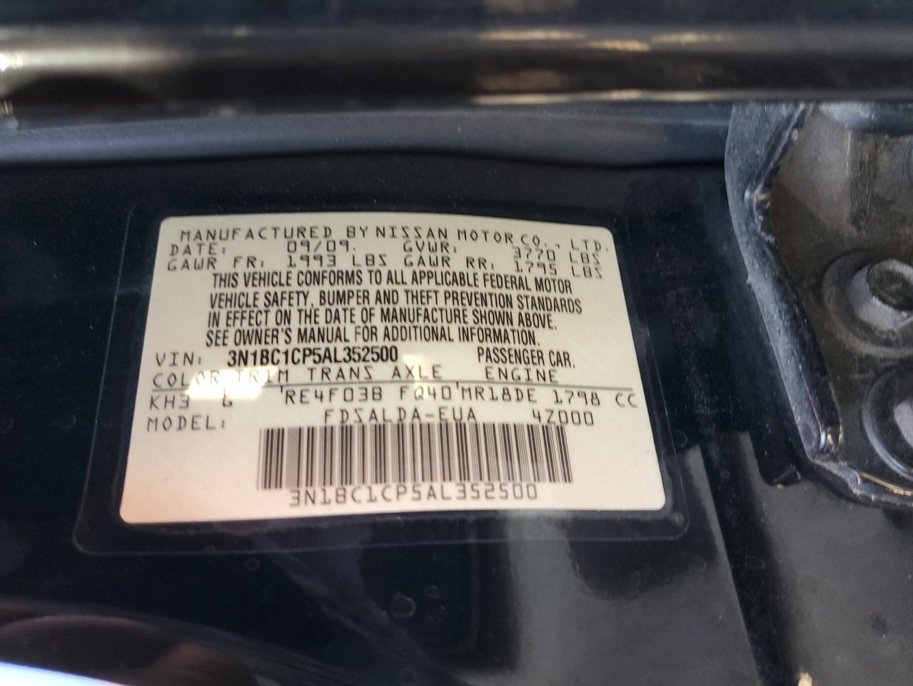 2010 Nissan Versa S VIN: 3N1BC1CP5AL352500 Lot: 63209364