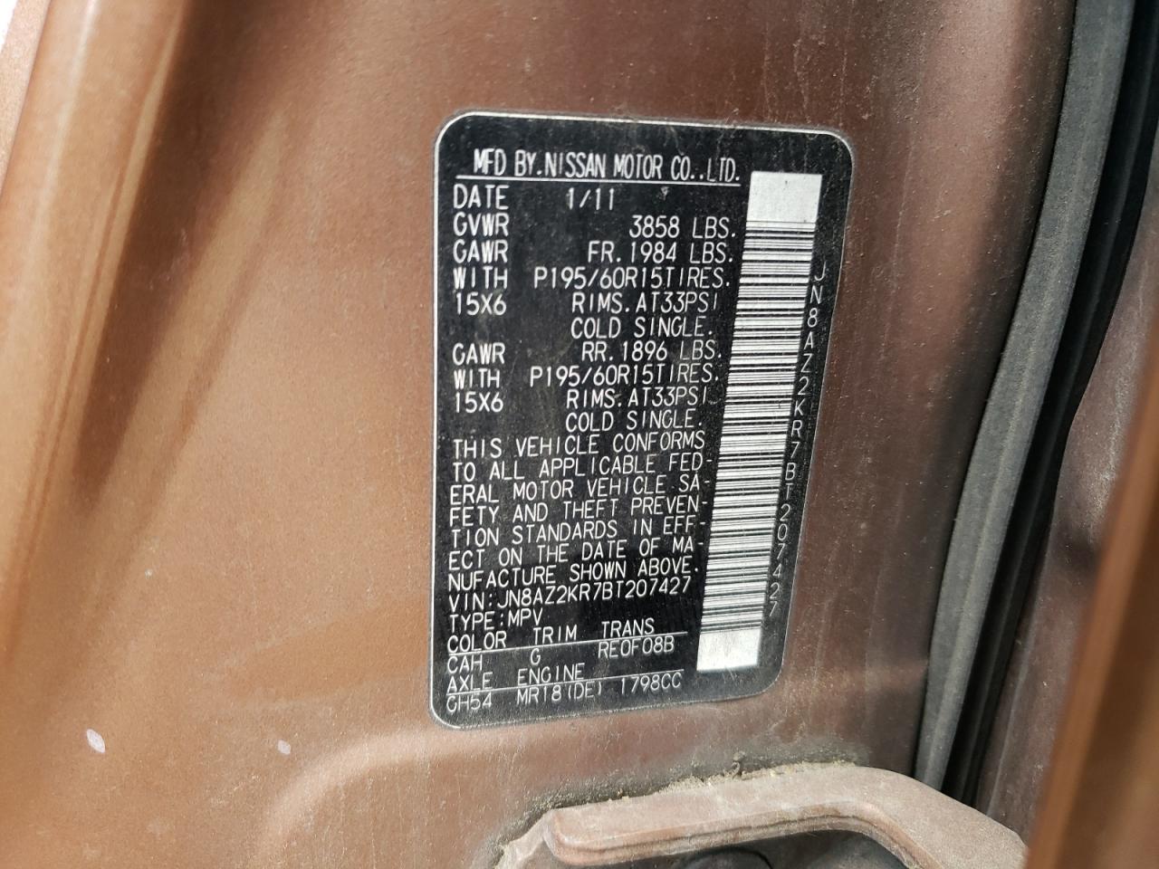 2011 Nissan Cube Base VIN: JN8AZ2KR7BT207427 Lot: 63965384