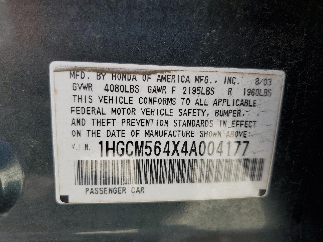 2004 Honda Accord Lx VIN: 1HGCM564X4A004177 Lot: 64784214