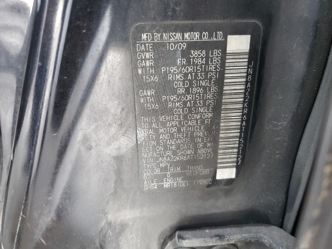 2010 Nissan Cube Base VIN: JN8AZ2KR6AT152127 Lot: 63826574