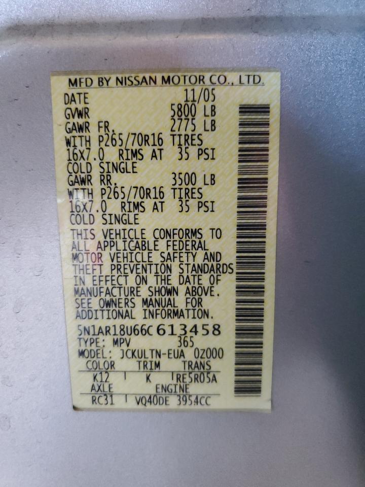 2006 Nissan Pathfinder Le VIN: 5N1AR18U66C613458 Lot: 64009124