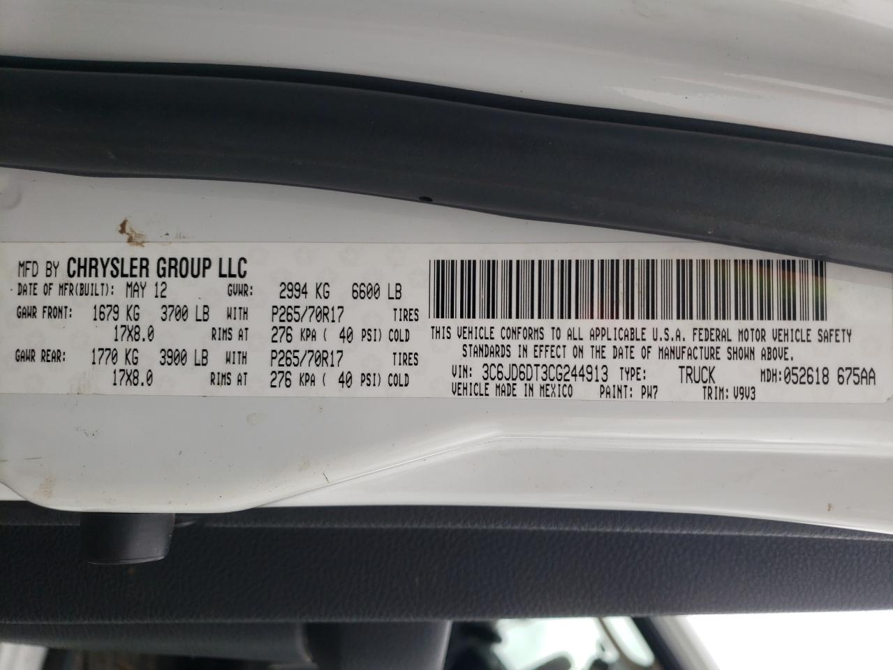 2012 Dodge Ram 1500 St VIN: 3C6JD6DT3CG244913 Lot: 64436534