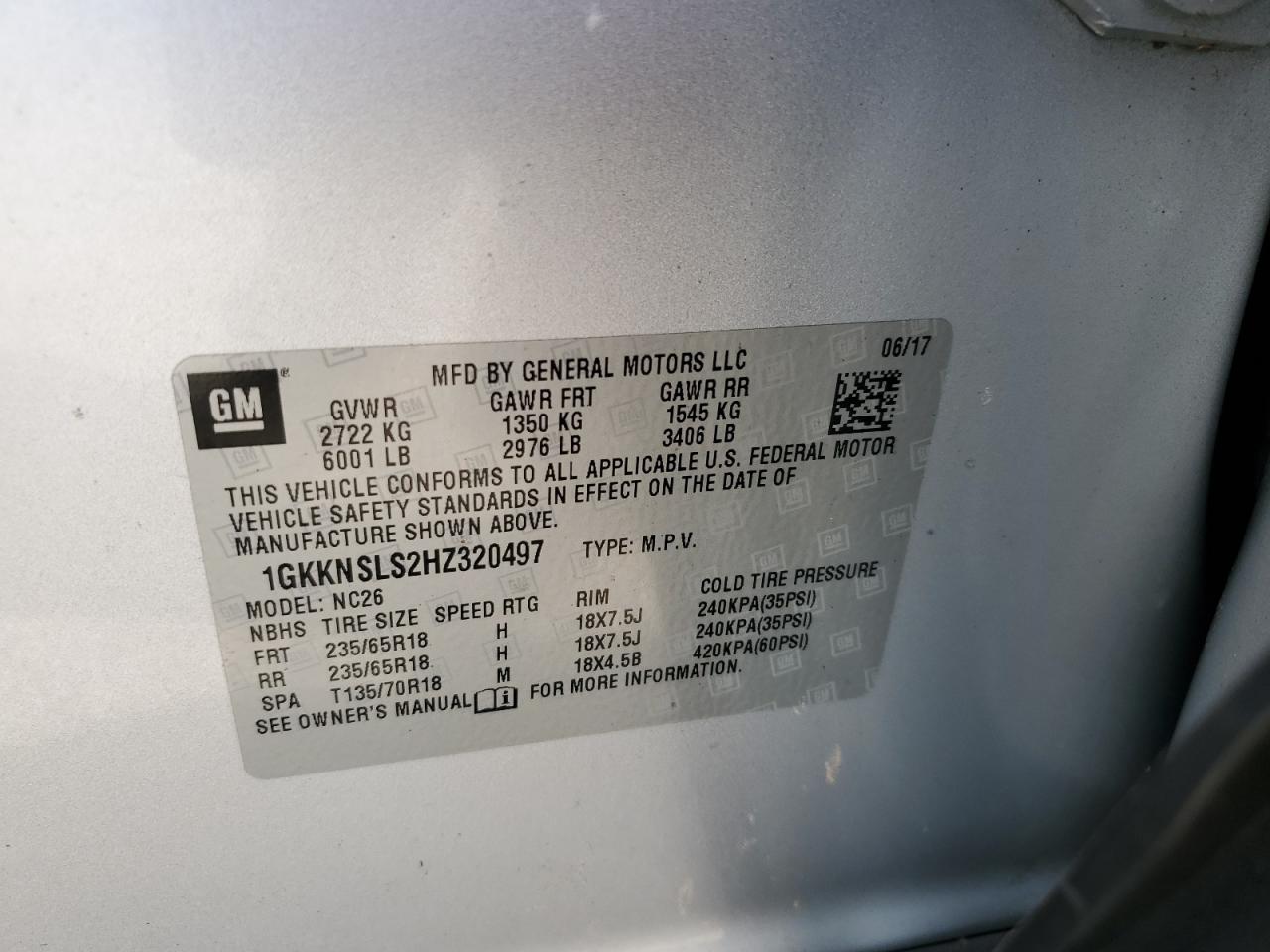 2017 GMC Acadia Sle VIN: 1GKKNSLS2HZ320497 Lot: 63657124