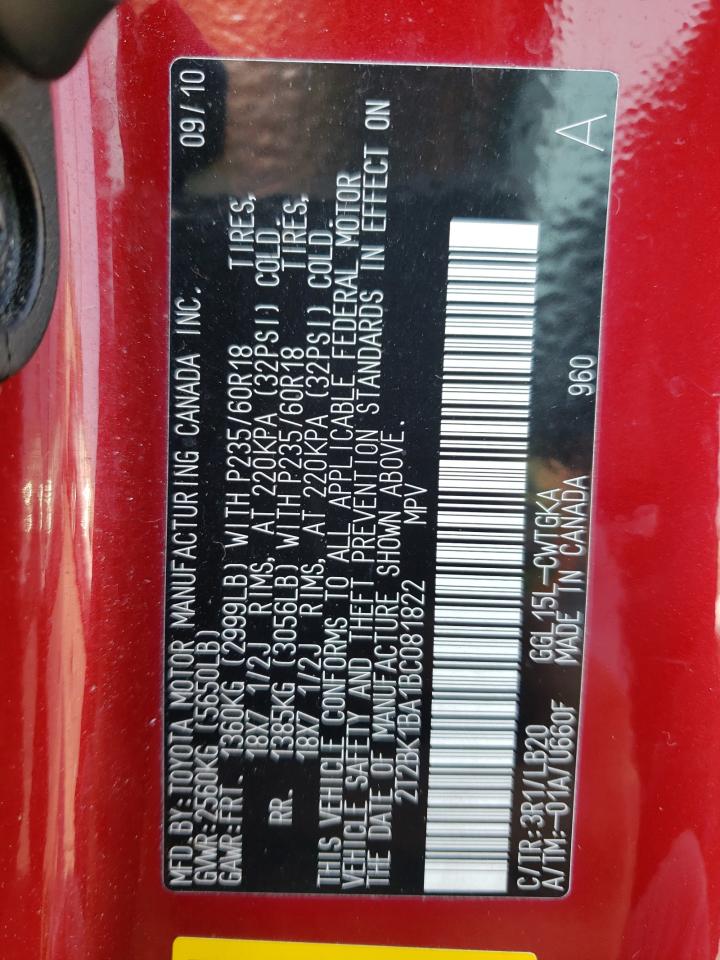 2011 Lexus Rx 350 VIN: 2T2BK1BA1BC081822 Lot: 62841984