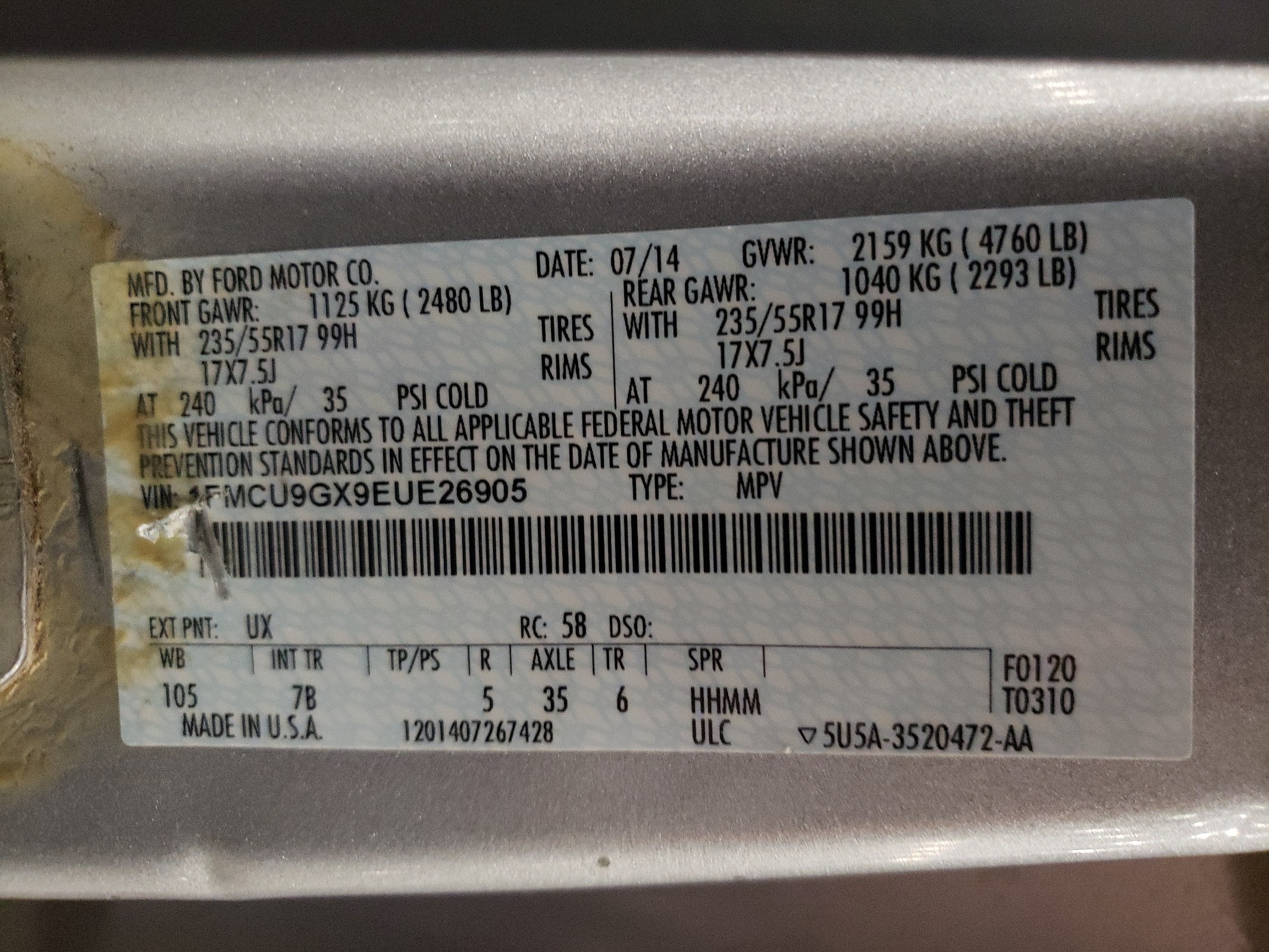 1FMCU9GX9EUE26905 2014 Ford Escape Se