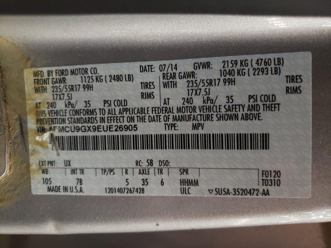 2014 Ford Escape Se VIN: 1FMCU9GX9EUE26905 Lot: 64928354