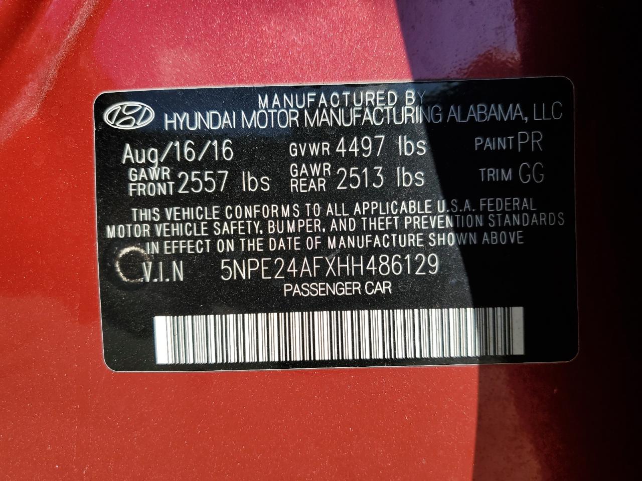 2017 Hyundai Sonata Se VIN: 5NPE24AFXHH486129 Lot: 61700014