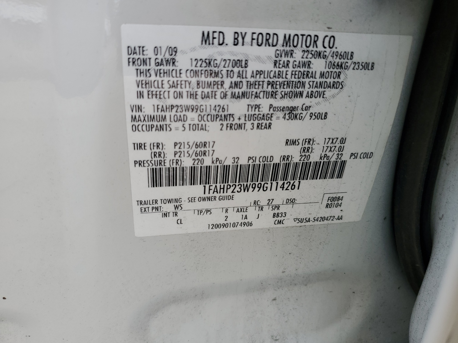 1FAHP23W99G114261 2009 Ford Taurus Se