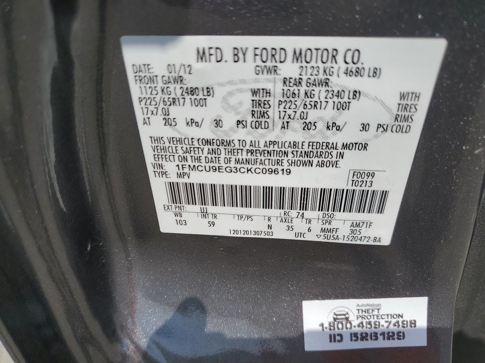 1FMCU9EG3CKC09619 2012 Ford Escape Limited