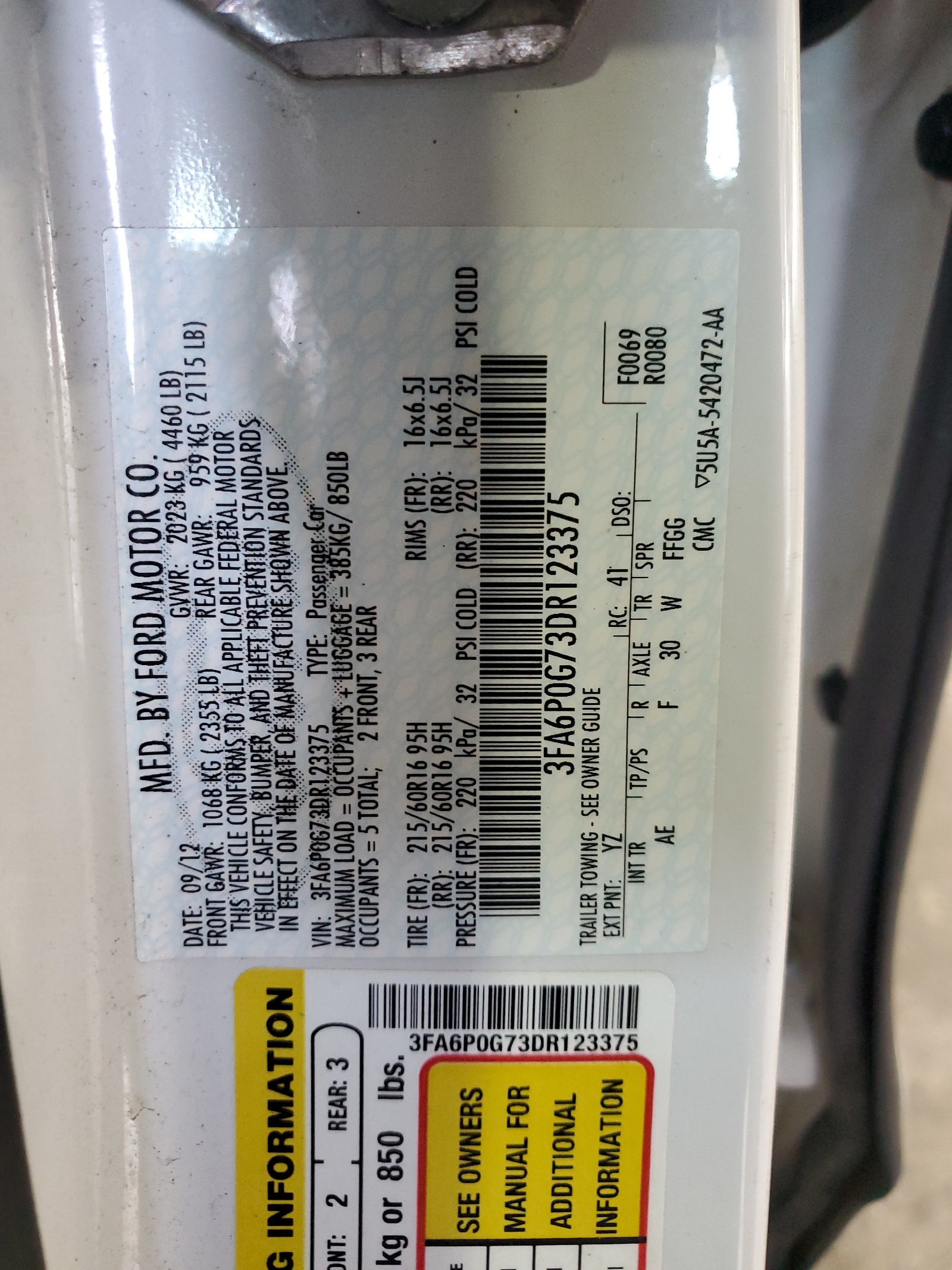 3FA6P0G73DR123375 2013 Ford Fusion S