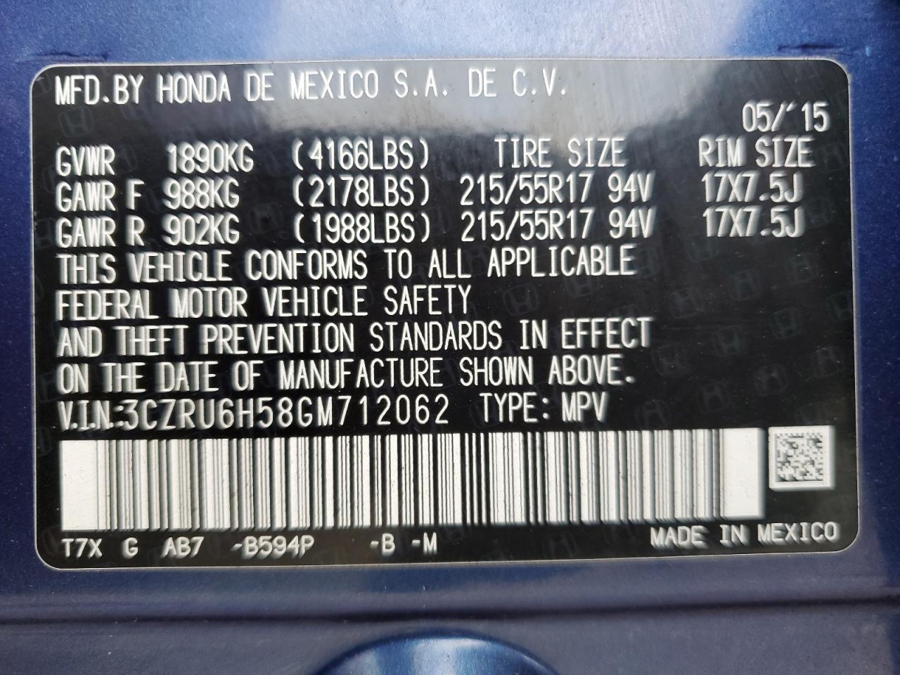 2016 Honda Hr-V Ex VIN: 3CZRU6H58GM712062 Lot: 62752254