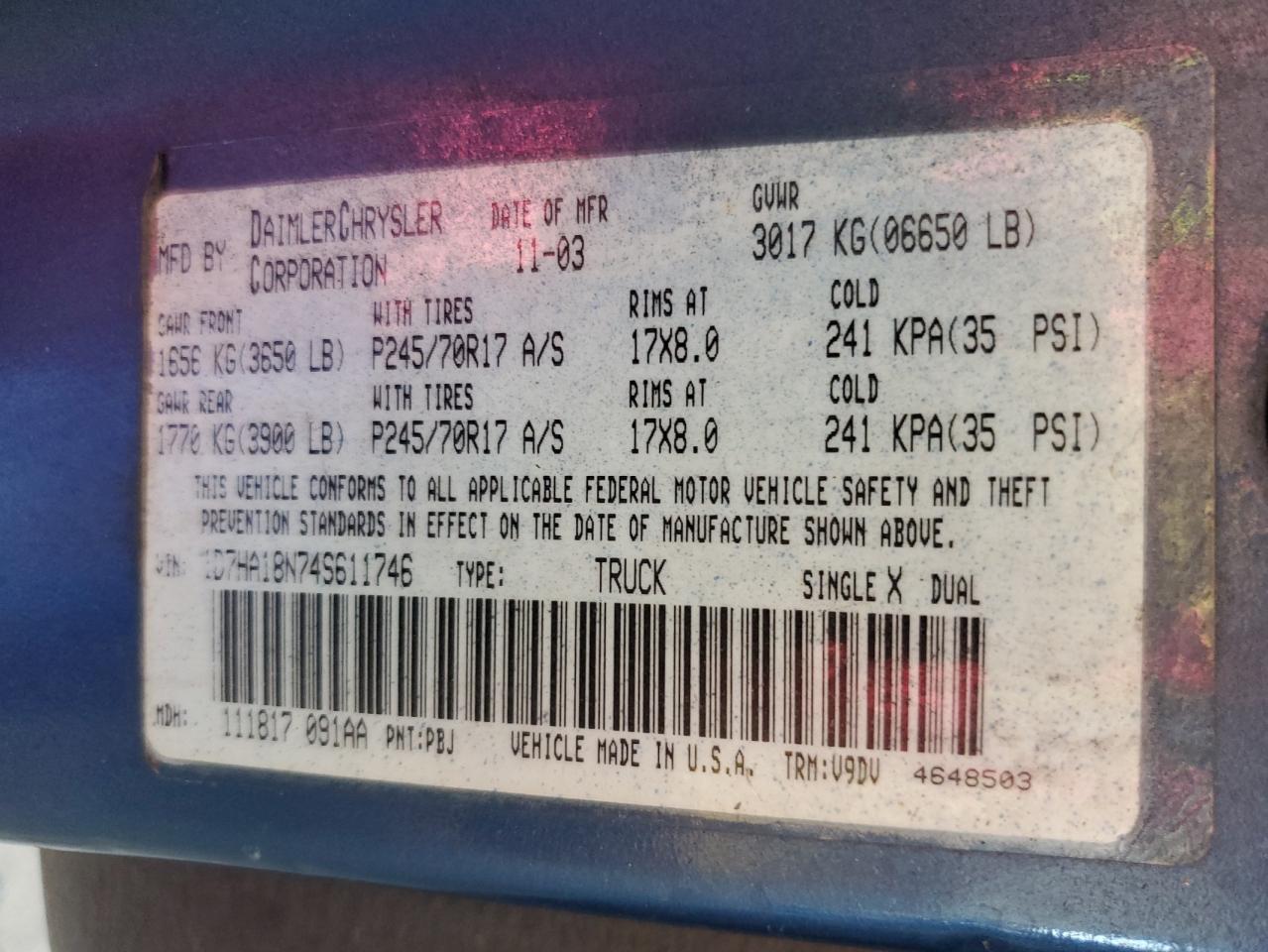 2004 Dodge Ram 1500 St VIN: 1D7HA18N74S611746 Lot: 60245794