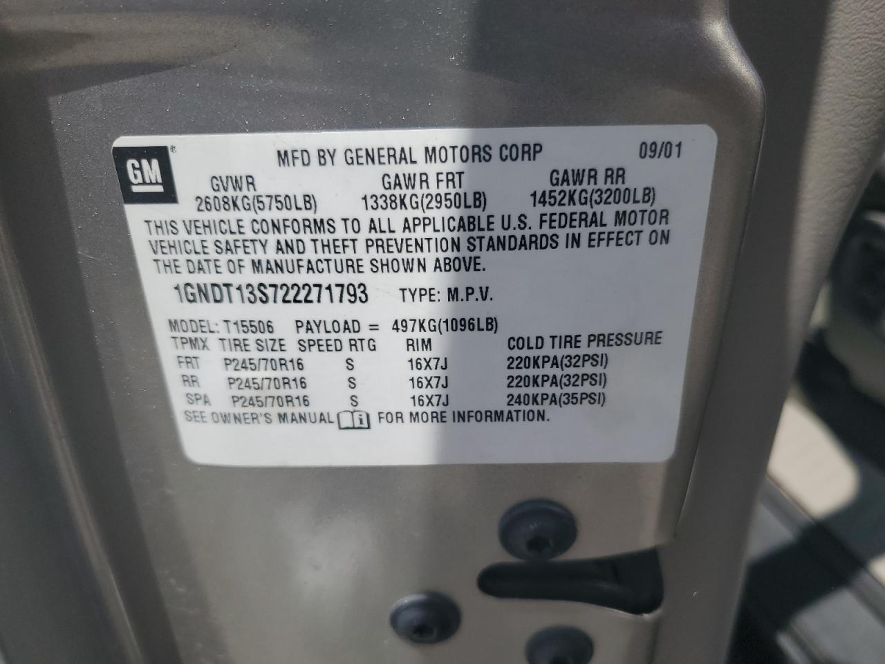 2002 Chevrolet Trailblazer VIN: 1GNDT13S722271793 Lot: 62516794